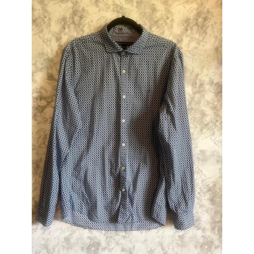 Tommy Hilfiger New York Fit Geometric Pattern Blue Button Up Long Sleeve Shirt L